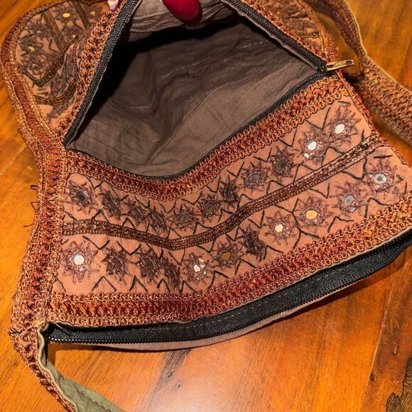 NEW BROWN hobo cloth bag with mirror and detailed trim - Picture 8 of 12